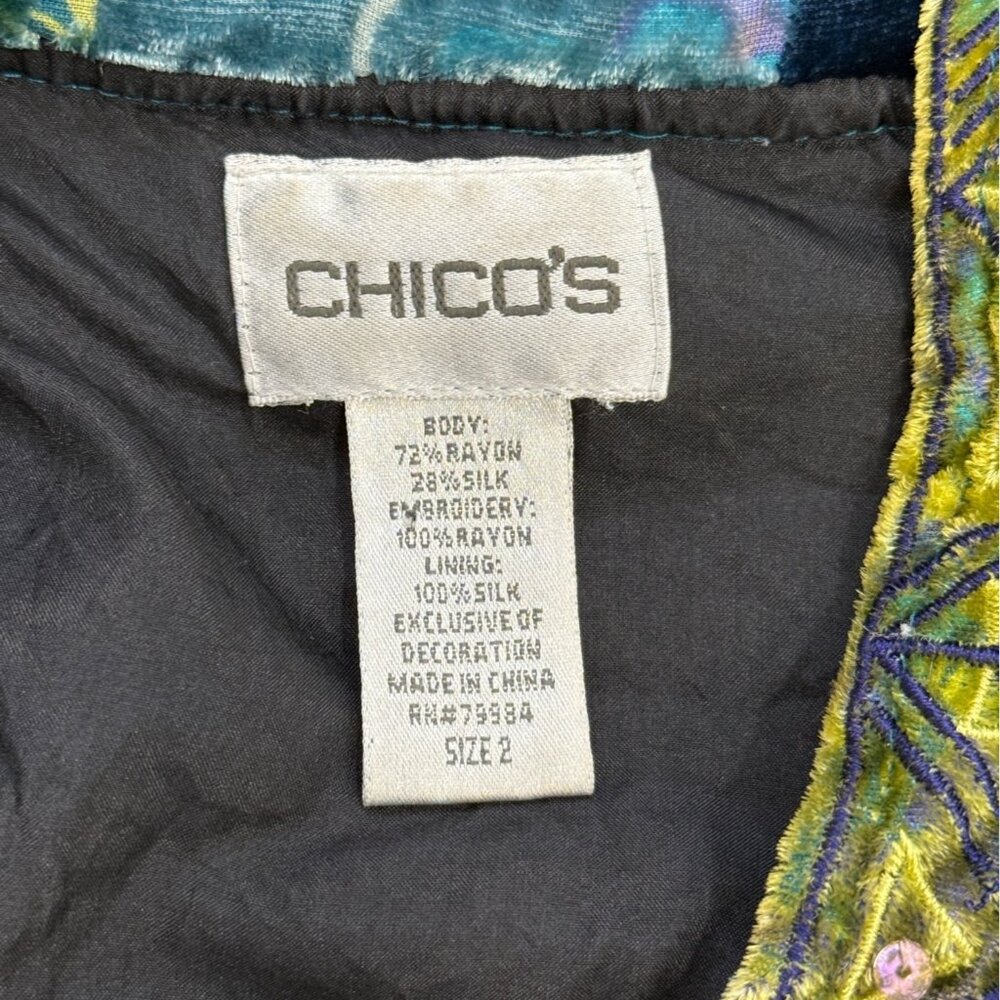 Chicos Velvet Burnout Jacket Hoodie Vintage Blue Green Fairy Boho Full-Zip Silk - Picture 4 of 7